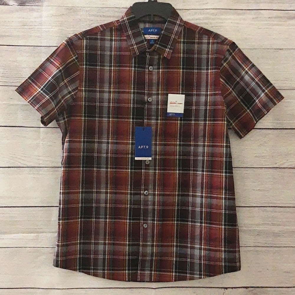 Apt. 9 HEIQ Smart Temp 100% Cotton Short Sleeve Button Front Plaid Shirt Men's M